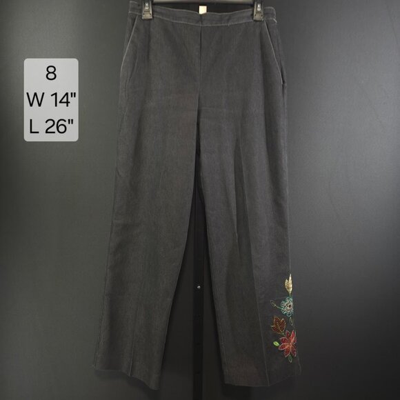Alfred Dunner Pants Womens 8 Black Denim Cropped Capri Embroidered Floral Stretc - Picture 1 of 5